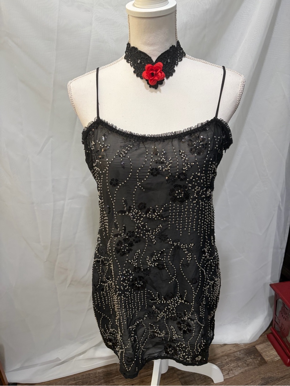 Edikted Black Beaded Lace Slip with Red Flower Choker